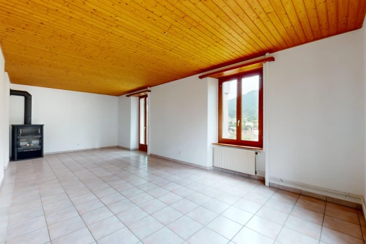 pièce vide avec plafond de bois, poêle à bois, carrelage, lumière naturelle, et radiateur