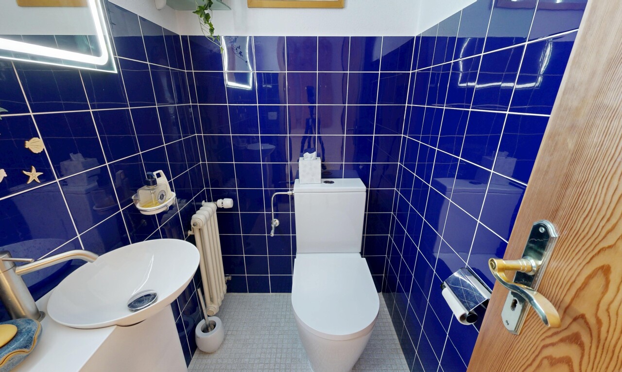 salle de bains avec toilette, mur en carrelage, tile wall, évier, et radiateur