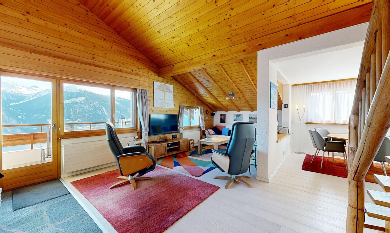 salon avec plafond en bois, wood ceiling, inside property, lumière naturelle, et natural light
