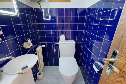 salle de bains avec toilette, mur en carrelage, tile wall, évier, et radiateur