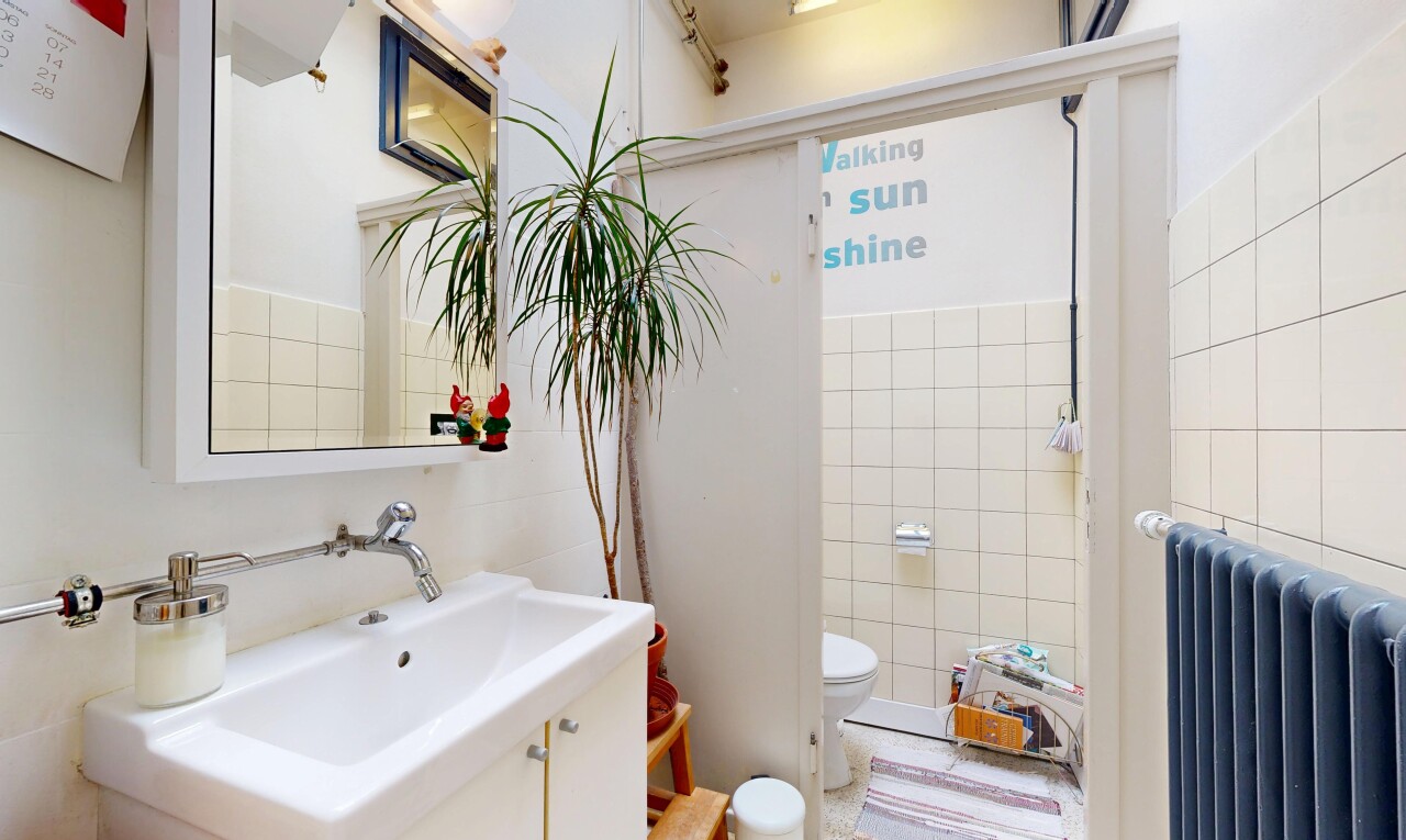 salle de bains avec radiateur, lavabo (ou coiffeuse selon le contexte), miroir, toilette, et inside property