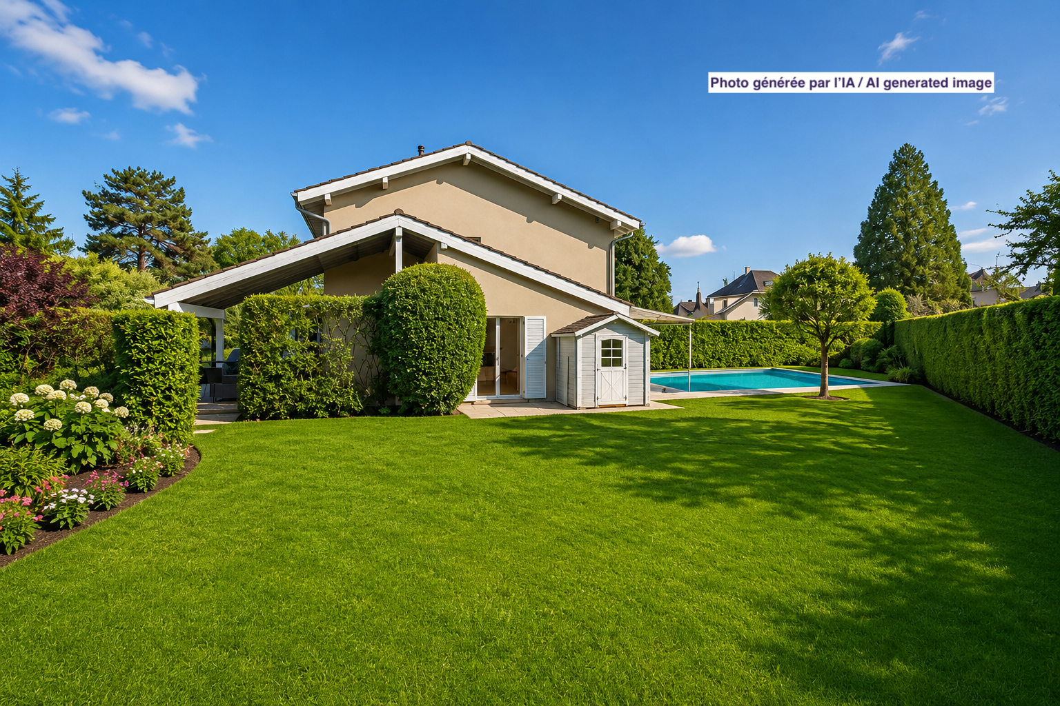 außenansicht mit schwimmbad, from property, day time, außenansicht, und stuckverkleidung