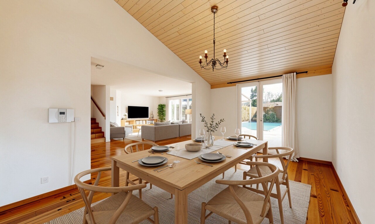 leerer raum mit inside property, hohe decke, high ceiling, bemerkenswerter kronleuchter, und light floor