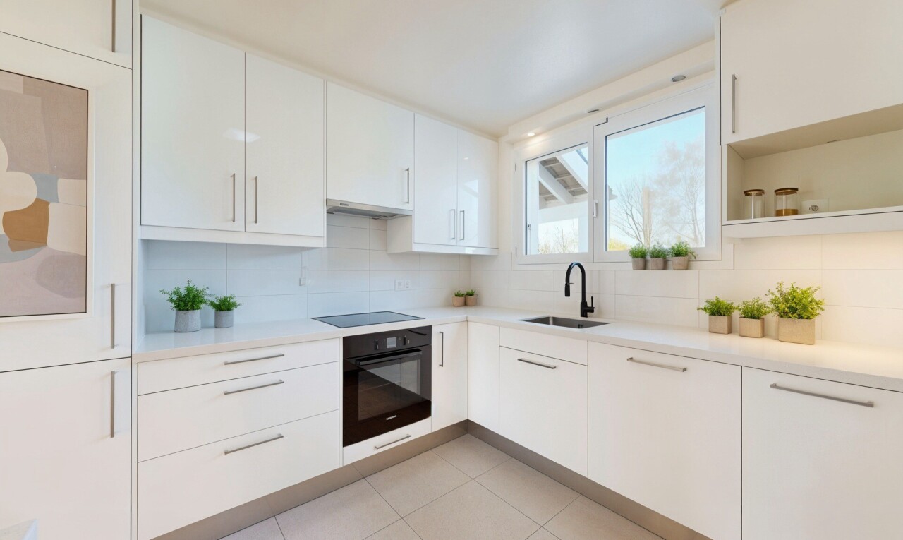 küche mit white cabinets, weiße schränke, light floor, light countertops, und arbeitsplatten