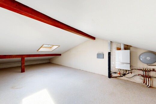 salon avec moquette, carpet, plafond voûté, vaulted ceiling, et chauffe-eau