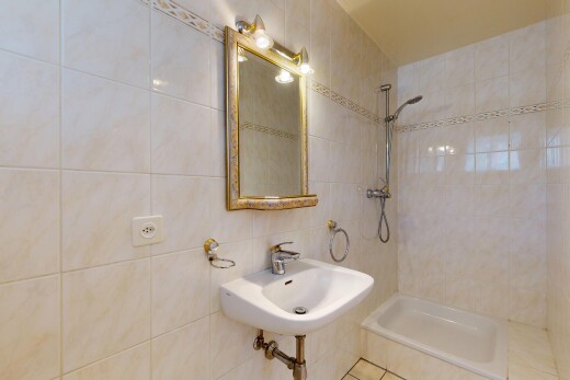 salle de bains avec mur en carrelage, tile wall, miroir, douche, et salle de bain complète