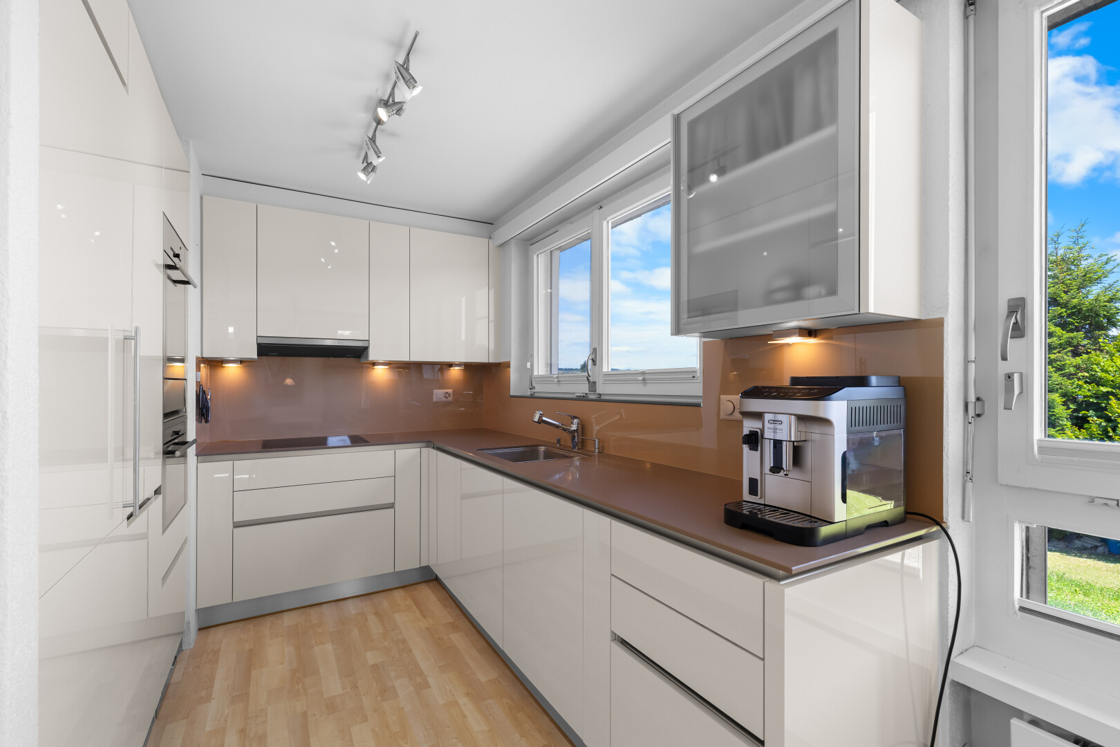 küche mit schränke mit glastüren, glass insert cabinets, holzfußboden, wood finish floor, und day time