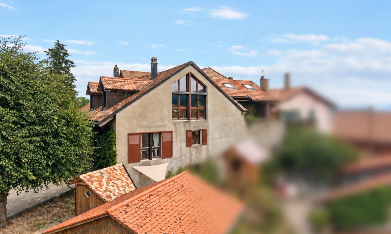 façade avec toit en tuiles, cheminée, et day time