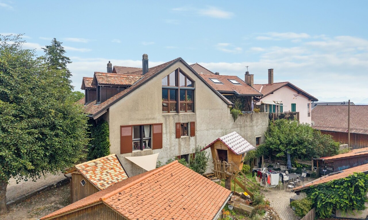außenansicht mit ziegeldach, drone view, und day time