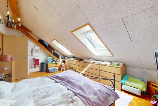 chambre avec pièce supplémentaire, sol en finition bois, plafond bas, plafond voûté, et puits de lumière