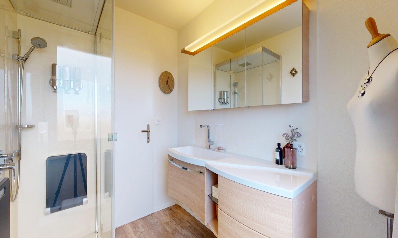 bad mit dusche, komplettes badezimmer, schminktisch, waschbecken, und drywall