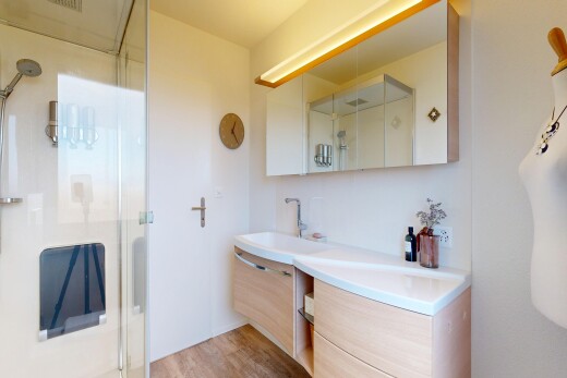 salle de bains avec douche, salle de bain complète, lavabo (ou coiffeuse selon le contexte), évier, et drywall