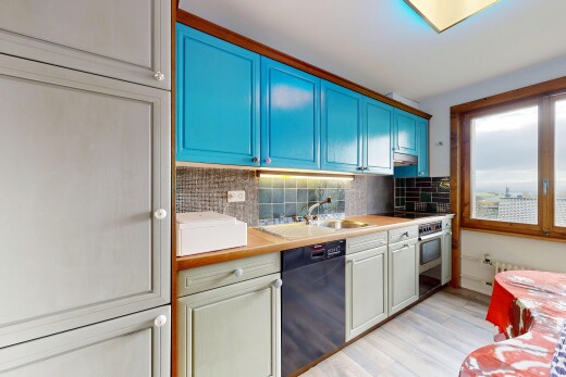 küche mit arbeitsplatten, küchenrückwand beim herd, küchenrückwand beim Herd, geschirrspülmaschine, und hochgezogene schränke