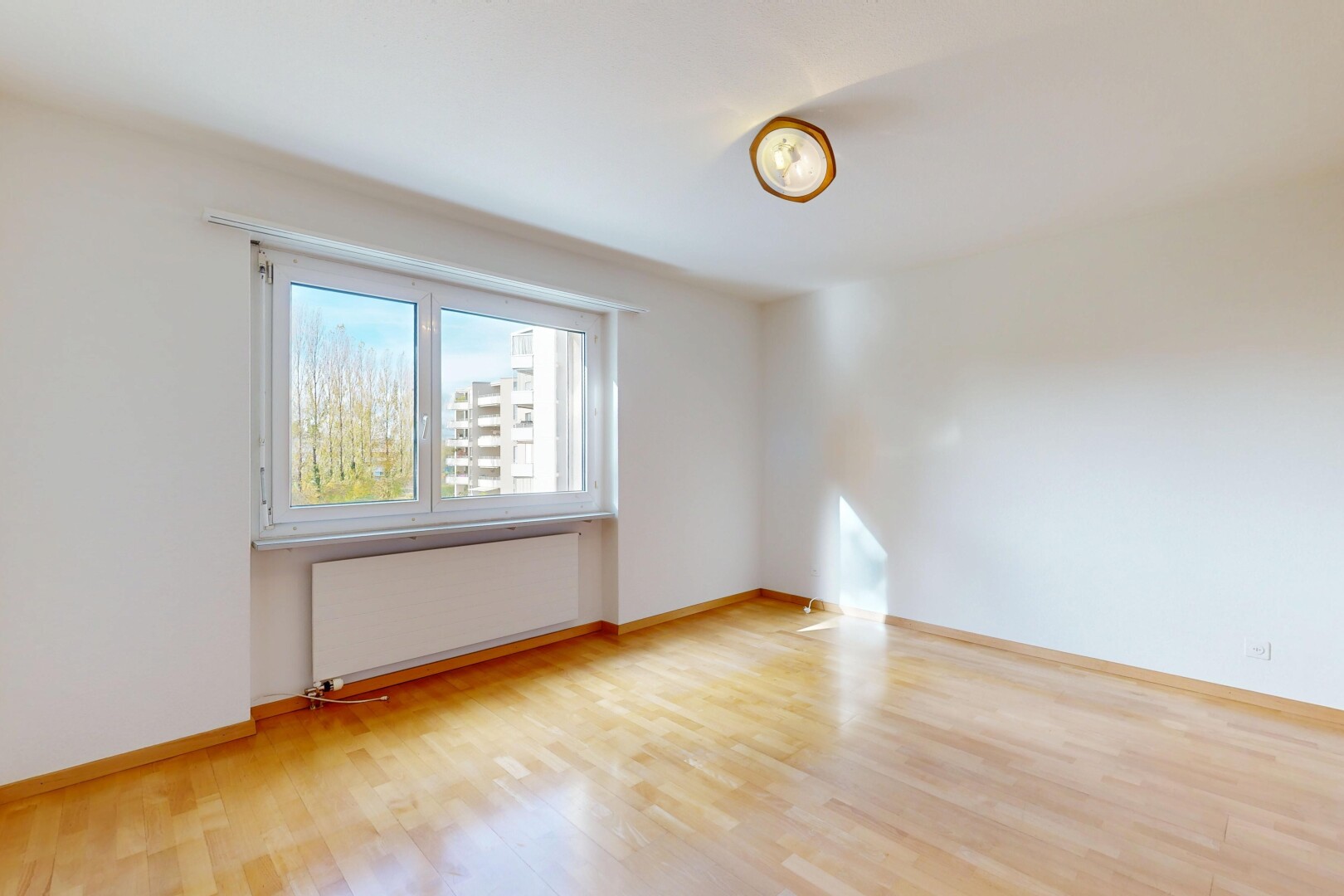 empty room with radiator heating unit and light wood finished floors