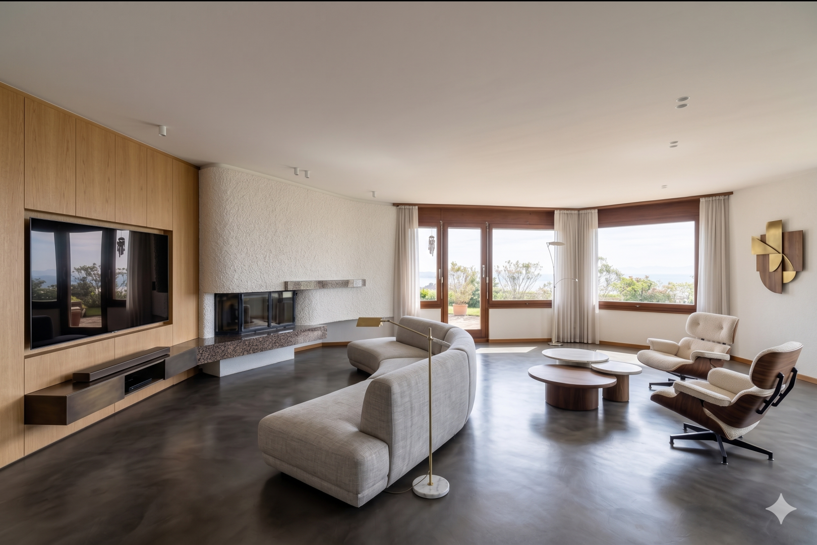 salon avec lumière naturelle, natural light, inside property, et light floor