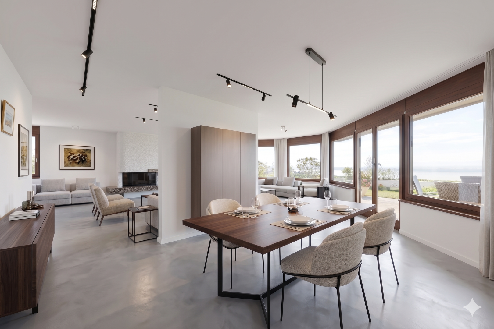 salle à manger avec lumière naturelle, natural light, inside property, light floor, et cloison sèche