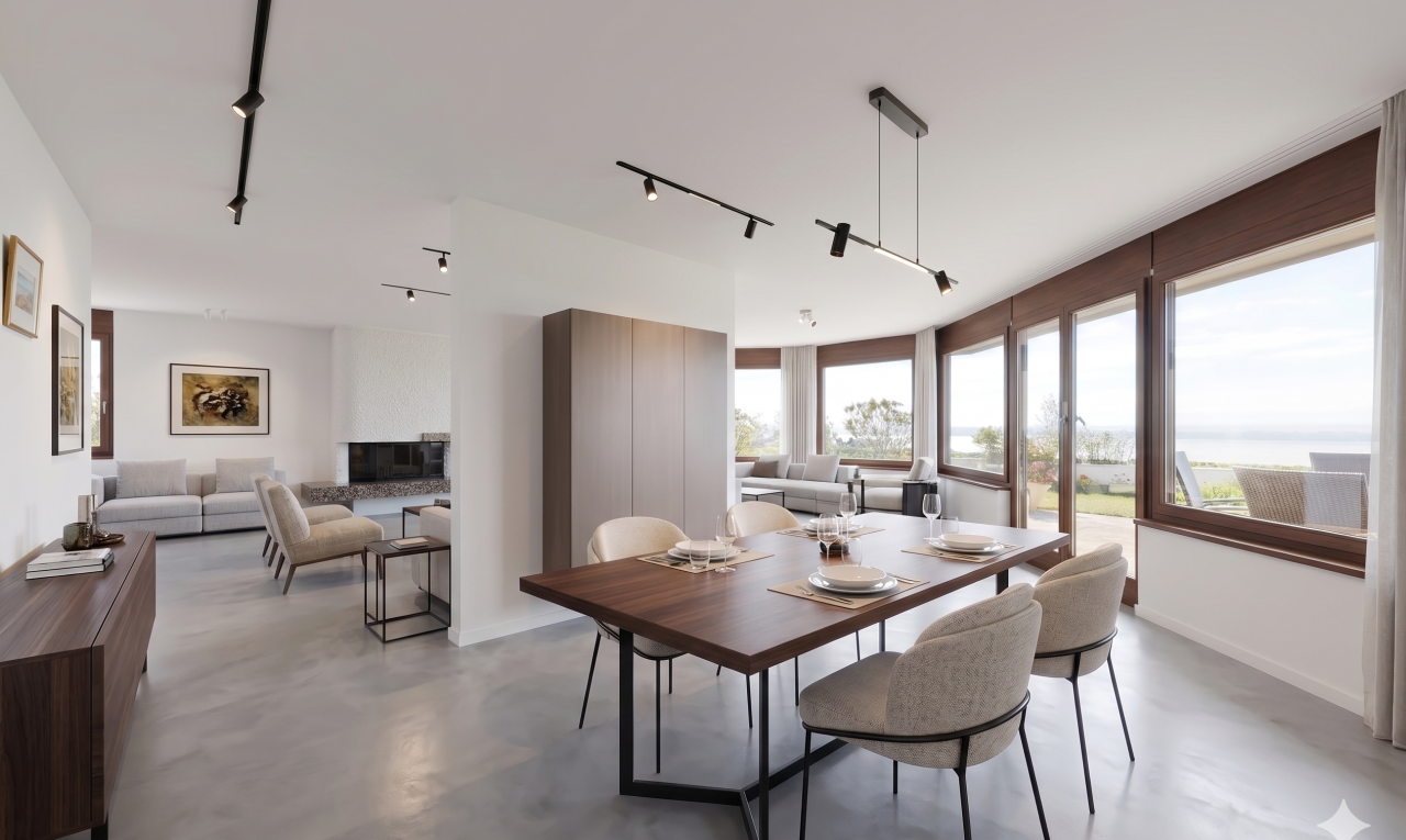 salle à manger avec lumière naturelle, natural light, inside property, light floor, et cloison sèche