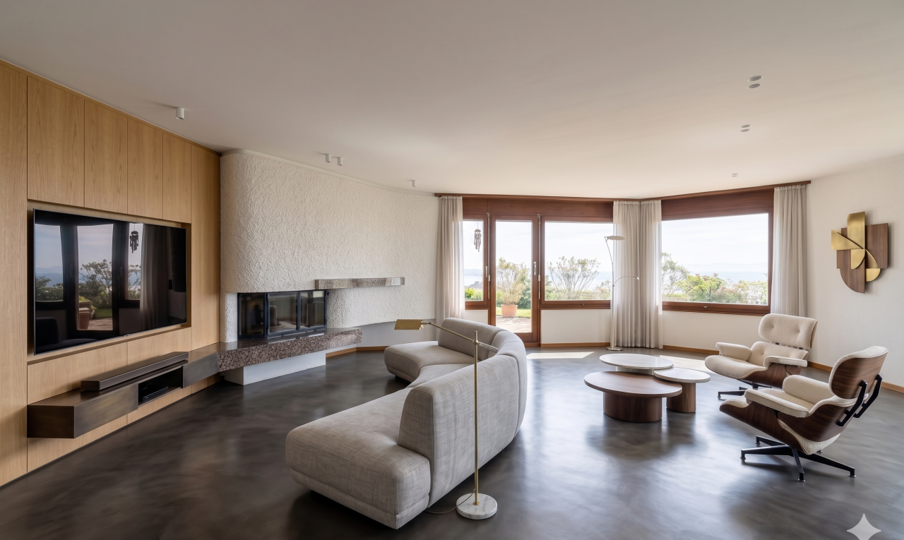 salon avec lumière naturelle, natural light, inside property, et light floor