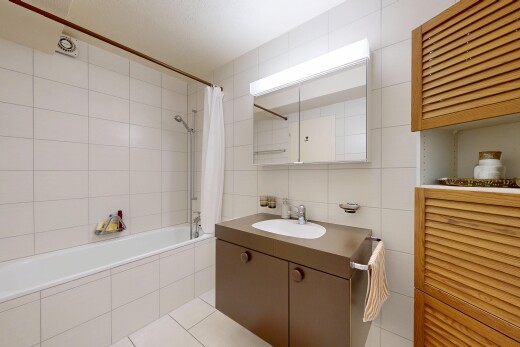 salle de bains avec mur en carrelage, tile wall, lavabo (ou coiffeuse selon le contexte), salle de bain complète, et miroir