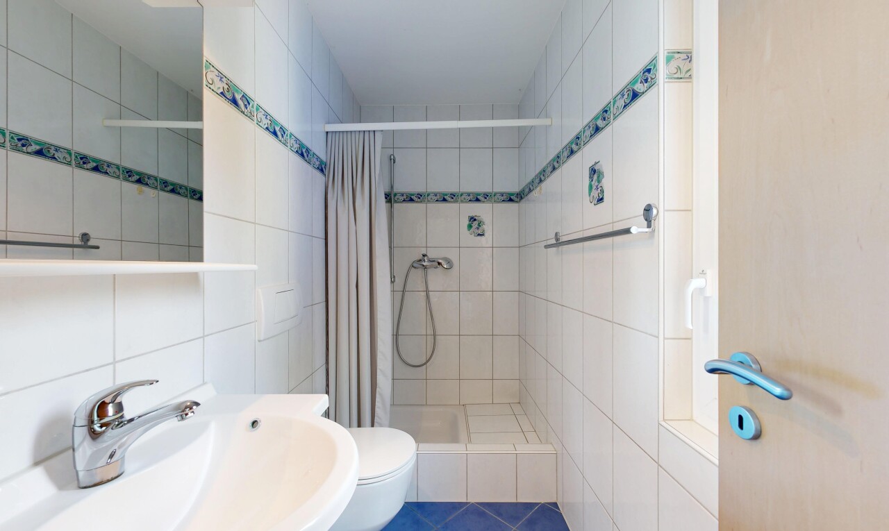 bad mit fliesenwand, tile wall, waschbecken, dusche, und komplettes badezimmer