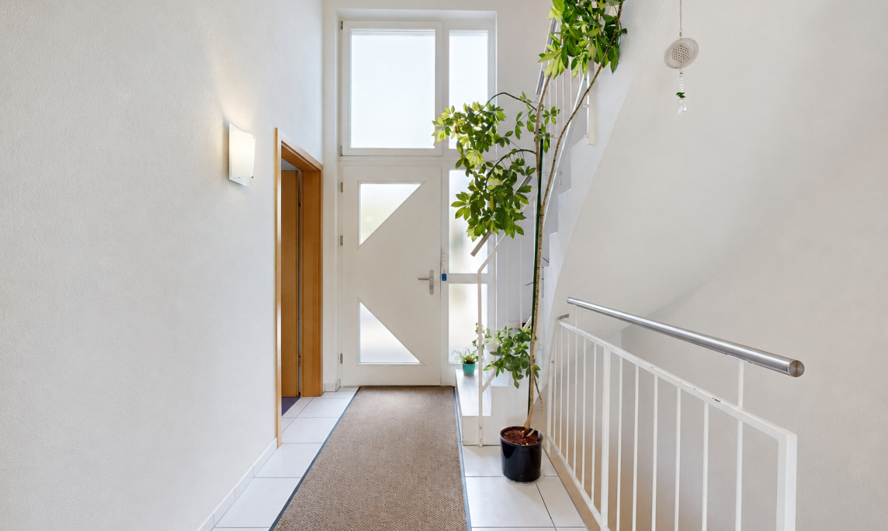 halle / korridor mit high ceiling, hohe decke, tile floor, fliesenboden, und inside property