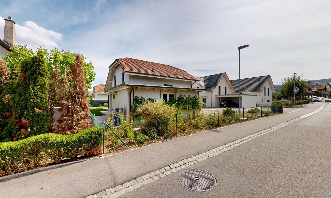 außenansicht mit straßenlaternen, ziegeldach, und day time
