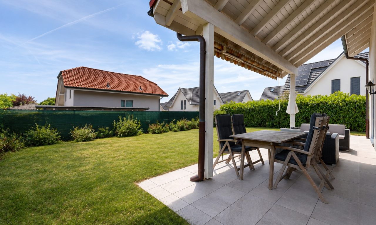 terrasse mit essbereich im freien, rasen, zaun, day time, und from property