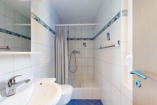 salle de bains avec mur en carrelage, tile wall, évier, douche, et salle de bain complète