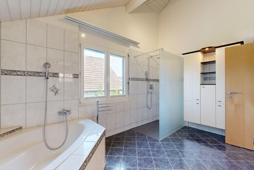 salle de bains avec douche, salle de bain complète, dark floor, plafond voûté, et vaulted ceiling