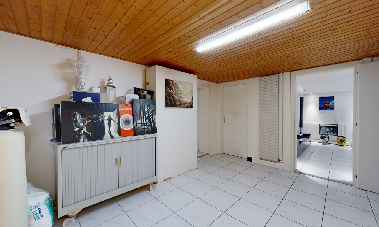 salon avec inside property, low ceiling, plafond bas, sous-sol, et wood ceiling