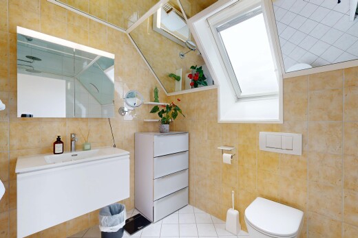 salle de bains avec miroir, lumière naturelle, natural light, évier, et lavabo (ou coiffeuse selon le contexte)