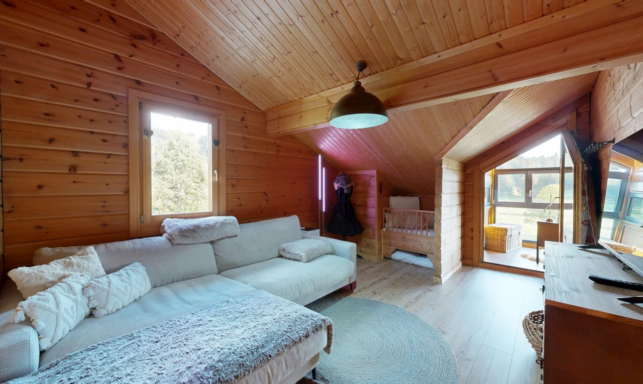 wohnzimmer mit dachschräge, vaulted ceiling, holzdecke, wood ceiling, und holzwand