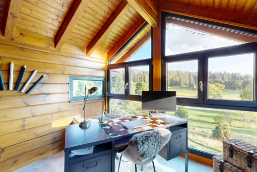 büro mit high end ceiling, wood ceiling, holzdecke, vaulted ceiling, und dachschräge