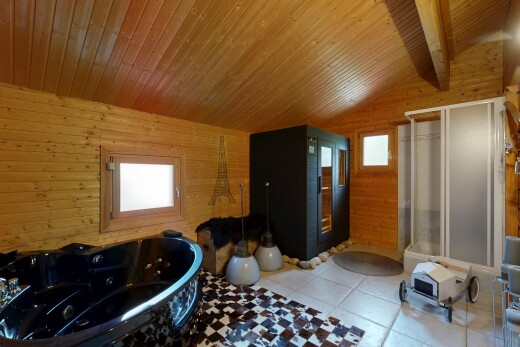 full bathroom with a jetted tub, wooden walls, a stall shower, a vaulted wooden ceiling, and tile patterned flooring