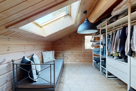 walk in closet with vaulted ceiling with skylight and decorative light fixtures