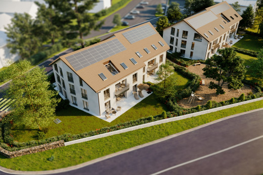 außenansicht mit terrasse, rasen, und solaranlage