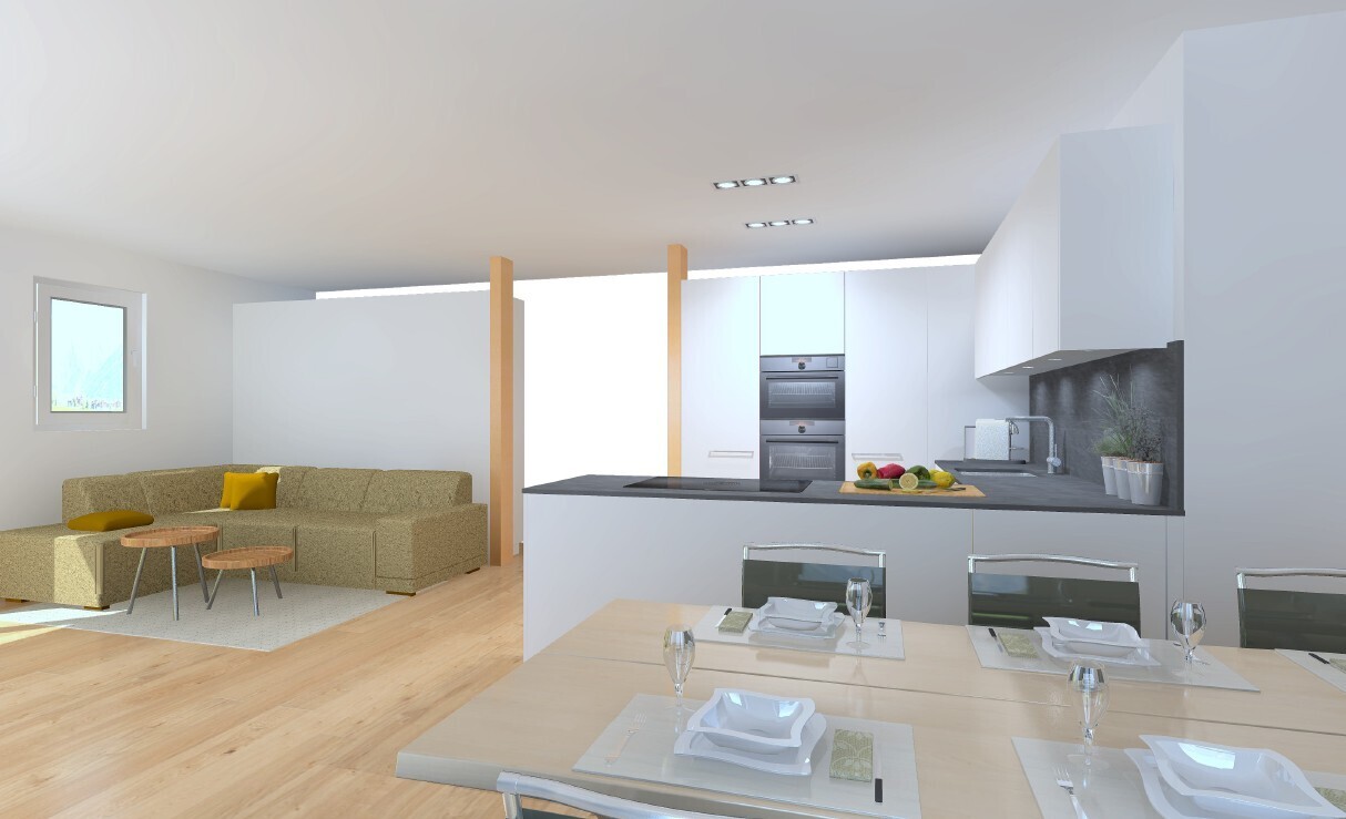 küche mit inside property, wood finish floor, holzfußboden, schränke mit flachen paneelen, und doppel backofen