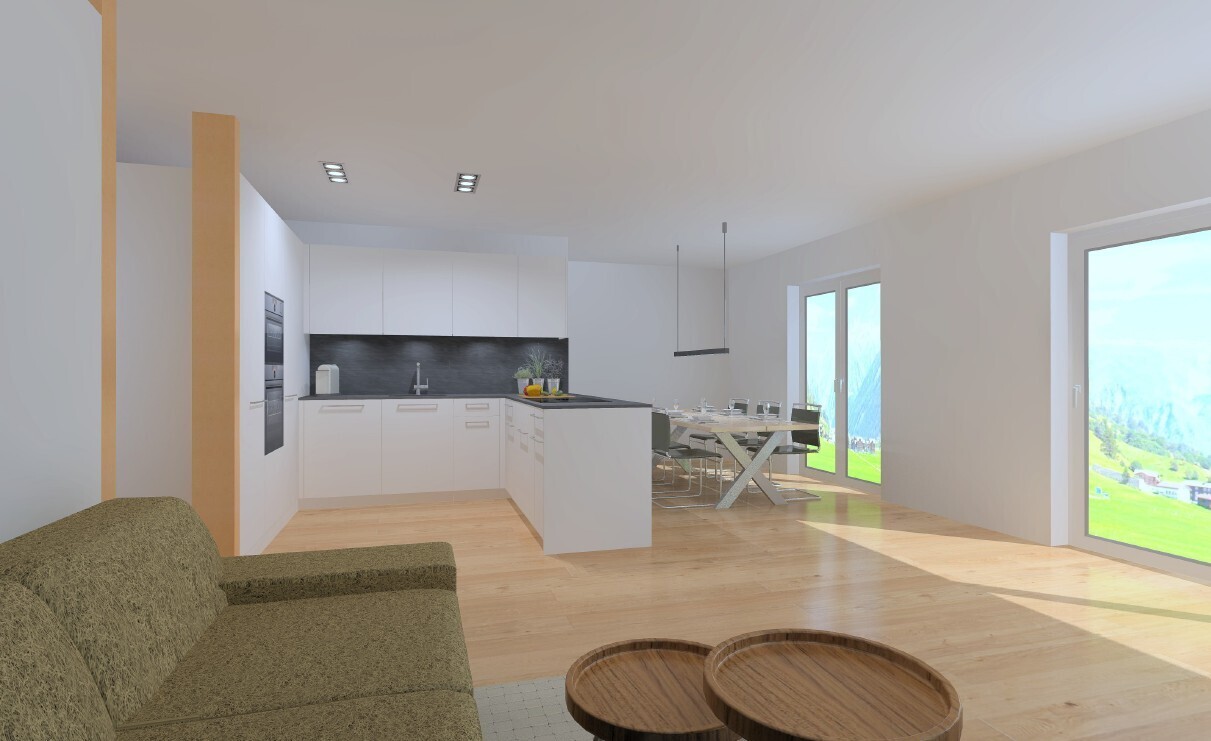 wohn- / esszimmer mit holzfußboden, wood finish floor, natürliches licht, natural light, und rendered