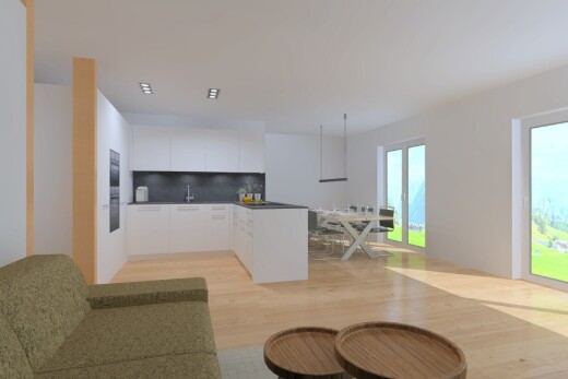 wohn- / esszimmer mit holzfußboden, wood finish floor, natürliches licht, natural light, und rendered