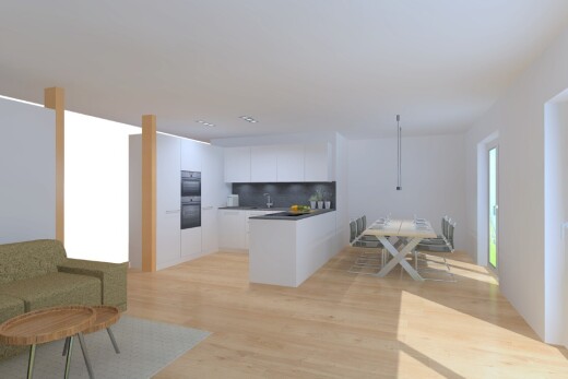 küche mit weiße schränke, wood finish floor, holzfußboden, drywall, und gipskartonwand