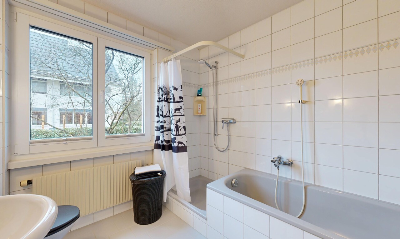 salle de bains avec douche, salle de bain complète, radiateur, lumière naturelle, et natural light