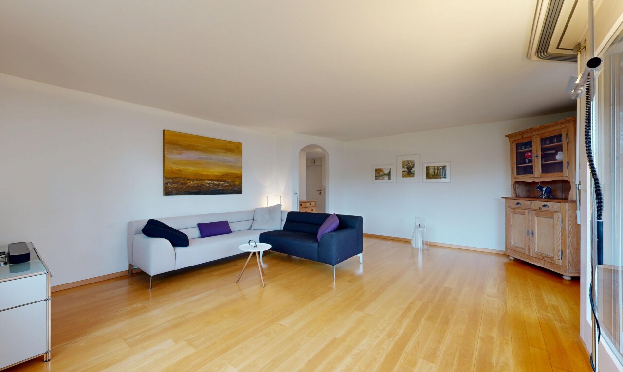 salon avec passages en arc, sol en finition bois, wood finish floor, inside property, et cloison sèche