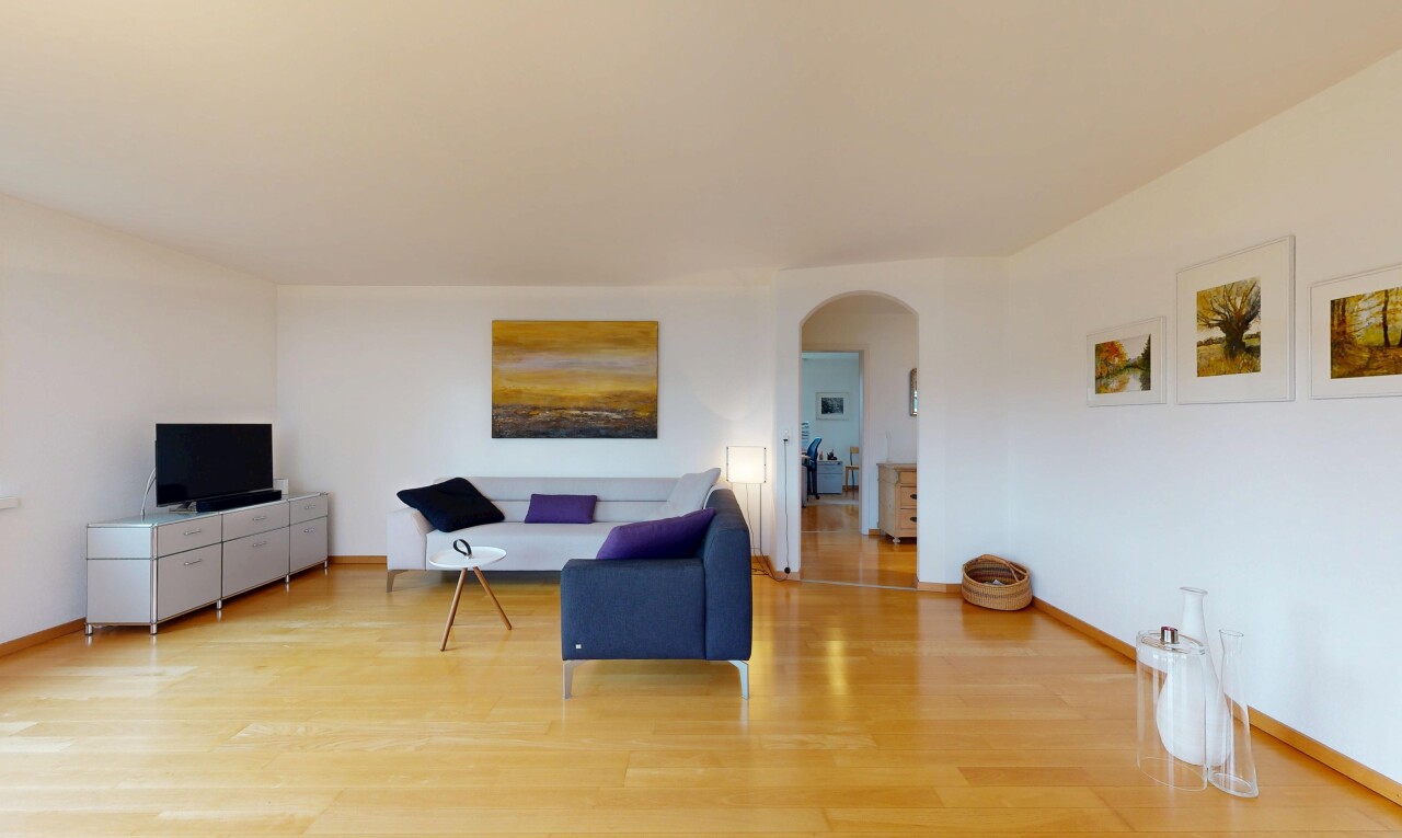 salon avec passages en arc, inside property, sol en finition bois, wood finish floor, et cloison sèche