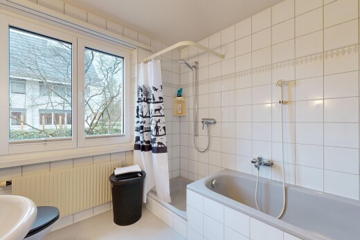 salle de bains avec douche, salle de bain complète, radiateur, lumière naturelle, et natural light