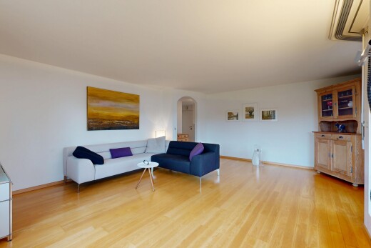 salon avec passages en arc, sol en finition bois, wood finish floor, inside property, et cloison sèche