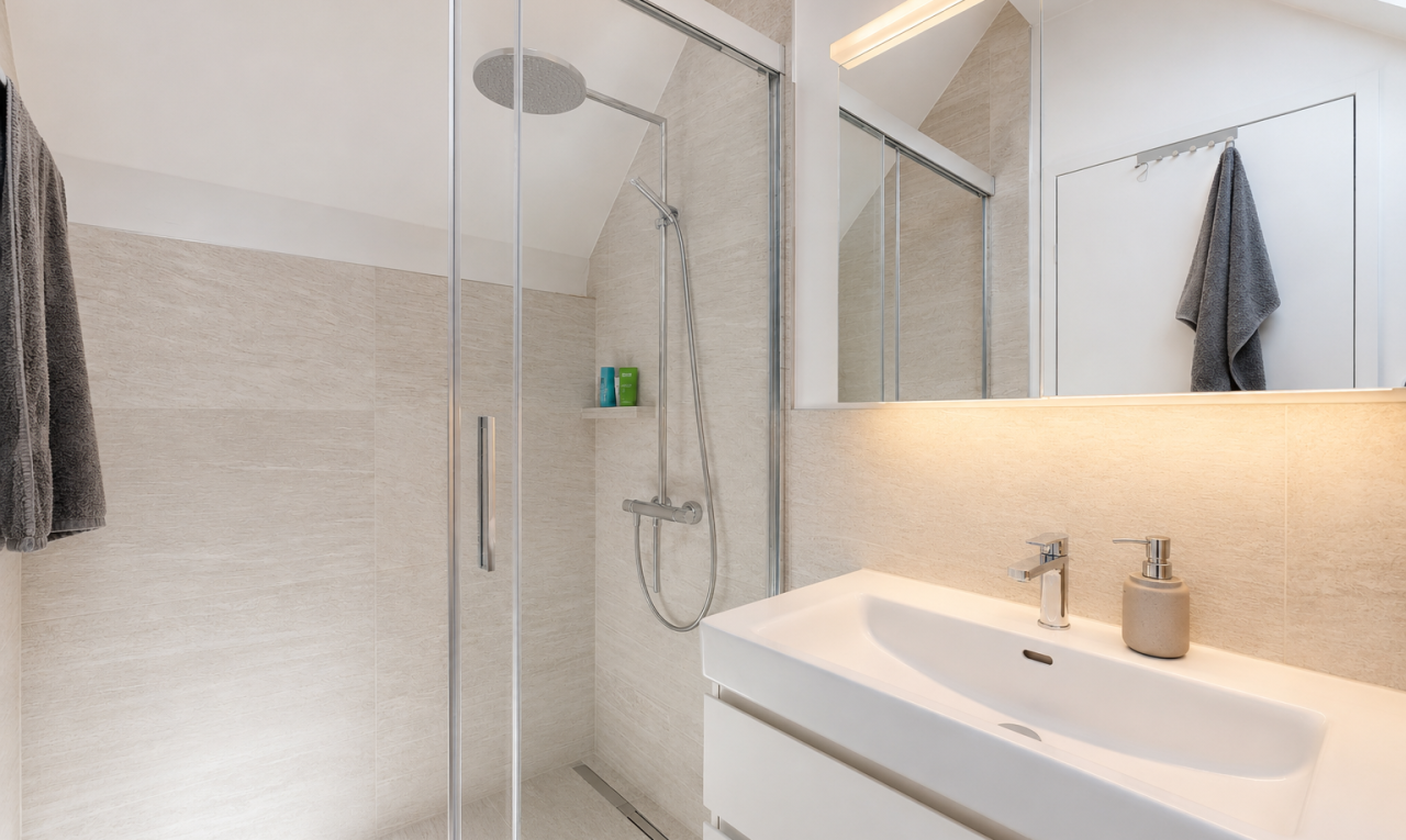 bad mit schminktisch, dusche, komplettes badezimmer, dachschräge, und vaulted ceiling