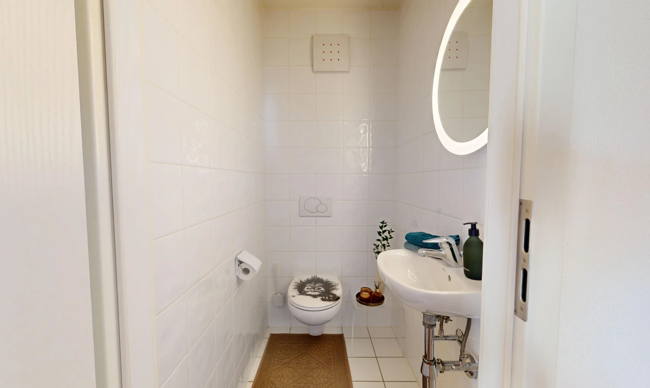 bad mit gäste-wc, spiegel, fliesenwand, tile wall, und fliesenboden