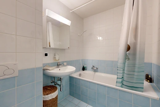 bad mit tile wall, fliesenwand, kombiniertes bad / dusche, spiegel, und komplettes badezimmer