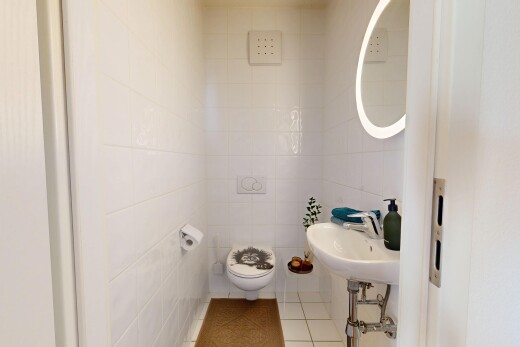 bad mit gäste-wc, spiegel, fliesenwand, tile wall, und fliesenboden