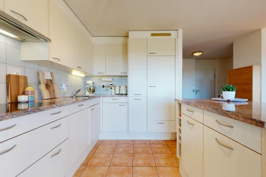 küche mit dunstabzugshaube, stone countertops, stein arbeitsplatten, light floor, und tile floor